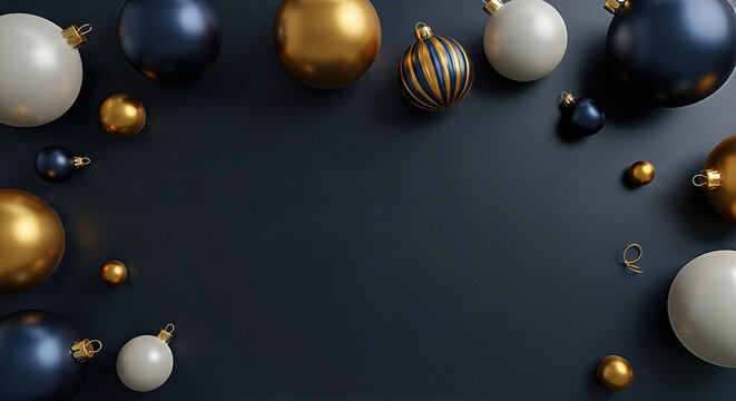 elegant dark blue background decorated gold black white shiny christmas baubles spheres border luxury festive holiday greeting card blank copy space concept