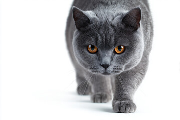 Fototapeta premium british shorthair cat walking on white background, cute british shorthair approaching camera isolated on white, full body british shorthair cat at eye level on white studio background