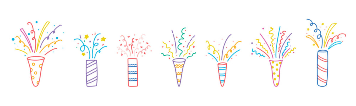 Colorful set of exploding firecrackers with confetti, sparks, ribbons and stardust in doodle style. Hand-drawn colorful firecrackers for childrens party. Vector graphics