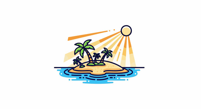 Cartoon island with palm trees and sunbeams shining down on ocean waves