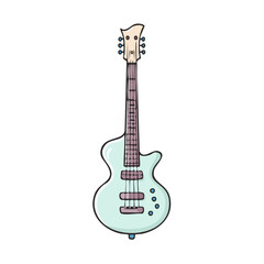 Naklejka premium Hand drawn cartoon electric bass guitar with six strings and light blue body