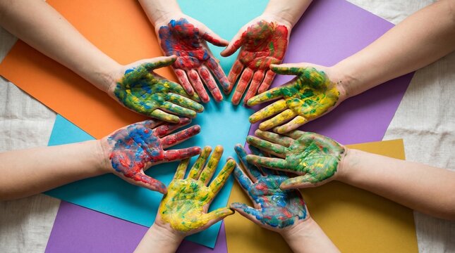 Childrens hands painted with vibrant colors forming a circle.