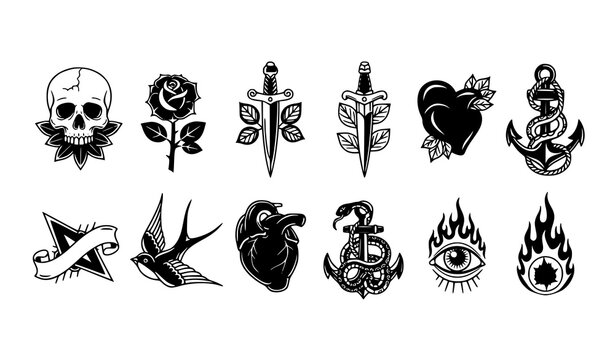 Vintage tattoo elements vector set with classic flash icons in black and white isolated on white background