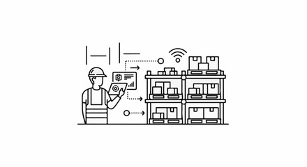 Fototapeta premium A worker with tablet monitors a warehouse inventory system with wireless connectivity