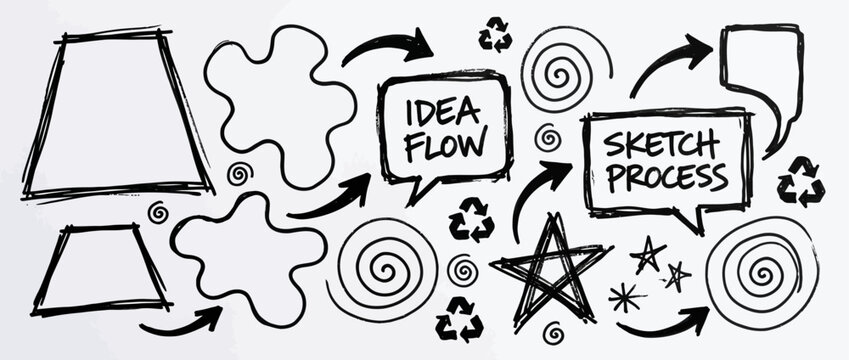 Hand drawn shape vector set &mdash; doodle sketch abstract shapes and symbols in black ink for idea flow and sketch process