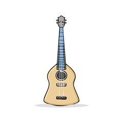 Naklejka premium Acoustic guitar illustration on a white background, featuring a light brown body and blue accents.