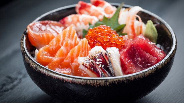sashimi,salmon sashimi , tuna sashimi, crab sticks,squid sashimi and Tamako Sashimi, Sweet Egg served on traditional Japanese food in dish or black bowl - Image