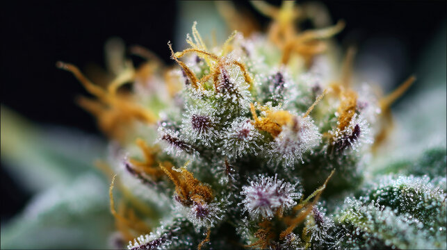 Marijuana trichomes macro shot Cannabis flower with CBD and THC, top view of cannabis bud. Sugar trichomes concepts of grow and use of marijuana for medicinal purposes. Concepts legalizing weed