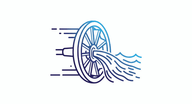 A stylized wheel with radiating spokes propelling water into waves