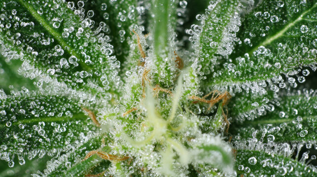 Marijuana trichomes macro shot Cannabis flower with CBD and THC, top view of cannabis bud. Sugar trichomes concepts of grow and use of marijuana for medicinal purposes. Concepts legalizing weed