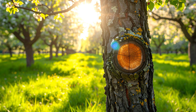 Sunlight filters through a blossoming orchard, illuminating a tree trunk with a visible cut ring, creating a serene and picturesque springtime scene.