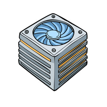 Isometric illustration of a stylized computer power supply unit with a blue fan