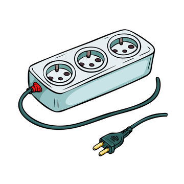 Power strip with three outlets and attached electrical cord and plug for electronics