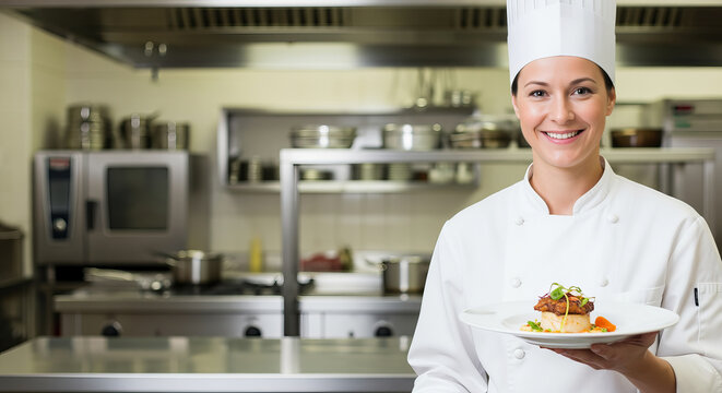 Female chef proudly showcases an exquisite gourmet dish in a stylish professional kitchen.