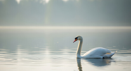 Obraz premium Majestic Serene Swan Gliding Gracefully Across Tranquil Water, Creating Ripples in the Morning Light