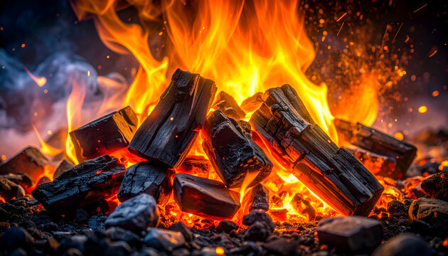 A close-up shot captures the intense heat and vibrant colors of a crackling fire fueled by charred wood and glowing embers.