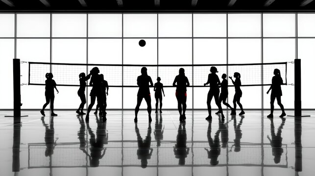 Silhouettes of a volleyball team in motion during an indoor match isolated on white background