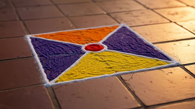 Colorful square Rangoli design on terracotta tiles, centered around a small red circle