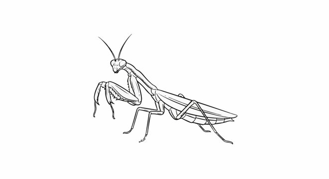 A detailed line drawing of a praying mantis on a white background