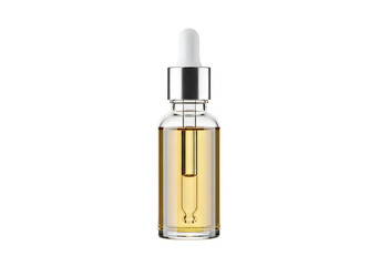 Naklejka premium Clear glass dropper bottle filled with golden liquid against white background