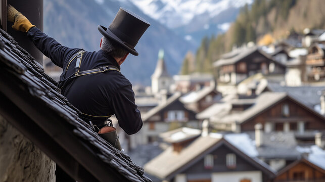 rofessional chimney sweep on rooftop, traditional black uniform and top hat, , Swiss alpine village background, professional stock photo