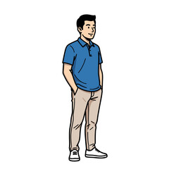 Fototapeta premium Man in blue polo shirt and beige pants standing with hands in pockets.