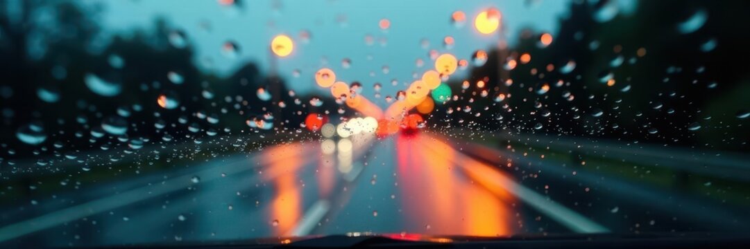Blurred raindrops streak car window, highway visible, windshield, view