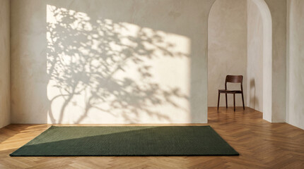 Fototapeta premium Minimalist interior mockup with tree shadow on beige wall, dark green rug on herringbone wood floor, empty room with wooden chair in arched doorway