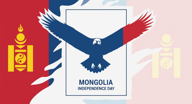 Mongolia Independence Day celebration with national flag and soaring eagle emblem. Mongolia Independence Day concept for patriotic events and national pride.