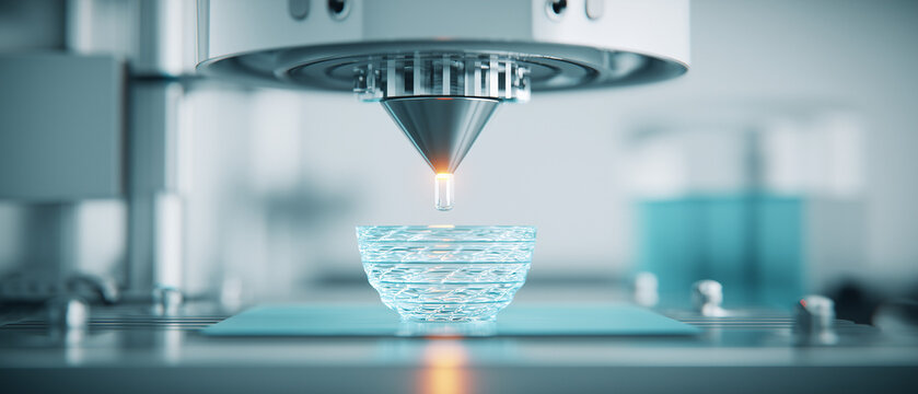 3D printer creating object with blue filament in modern lab environment  