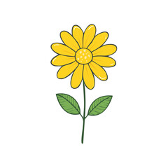 Fototapeta premium Vibrant yellow daisy flower with green stem and leaves cartoon illustration