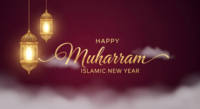 Happy muharram islamic new year greeting with golden lanterns and calligraphy