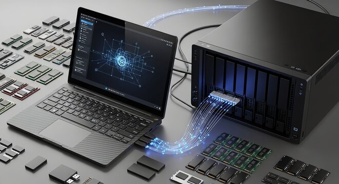 Modern Data Storage System with Network Connectivity and Server Hardware.