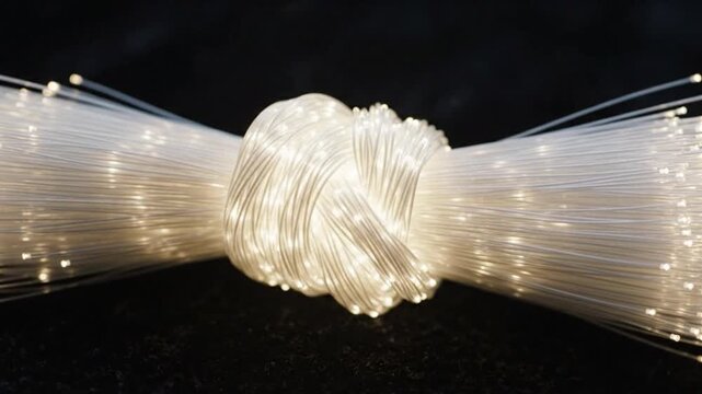 Glowing fiber optic cable bundle knot, white light strand technology background, abstract connection network tension and fiber optic silk bundle cable knot glow detail over dark background creating