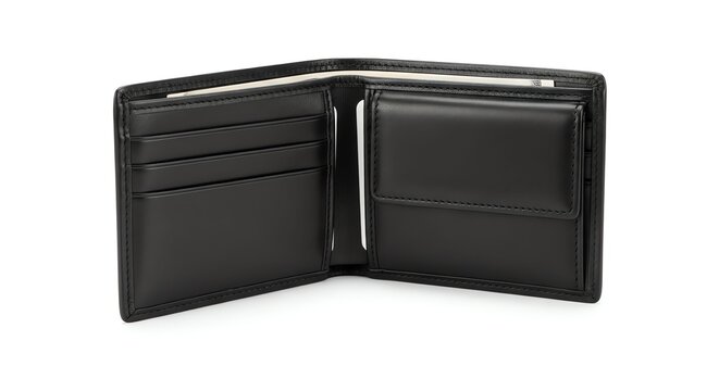 Open black leather wallet with multiple compartments for cash and cards.