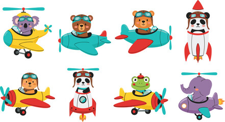 Obraz premium Cute Animal Pilots Collection with Cartoon Characters Flying Airplane Helicopter and Rocket Including Bear Dog Frog Elephant and Koala Vector Illustration Set.