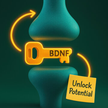 Glowing key labeled BDNF represents growth metaphor, unlocking potential in stylized synaptic gap. This concept of neuron connection shows path to brain improvement
