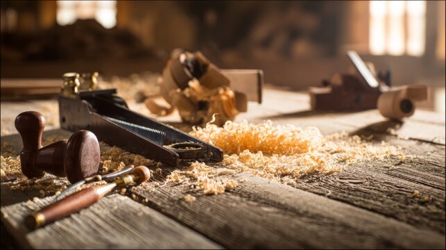 shavings. Rustic woodworking tools arranged on wooden surface with natural textures and warm workshop lighting. safety posters.
