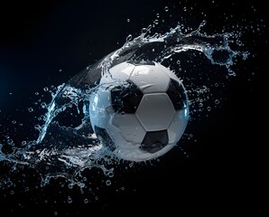 Naklejka premium Dynamic Soccer Ball Splashing Through Water on Dark Background – High Speed Sports Action Concept. 