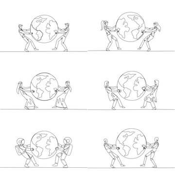 Single line drawing features a man, woman, Arab, astronaut, and robot fight pulling a giant earth globe. An engaging global business conflict concept suited perfectly for an international poster.