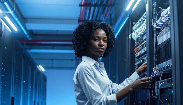 "Person in white lab coat inspecting rack-mounted servers in a data center environment."