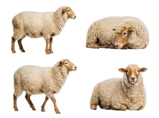 Collection of fluffy sheep with light wool in various natural poses, isolated on a transparent background. © Emma