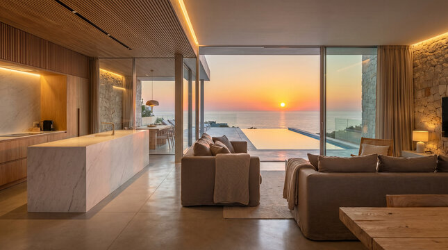 Luxury modern villa interior at sunset, contemporary open plan living room with infinity pool view, elegant seaside home architecture