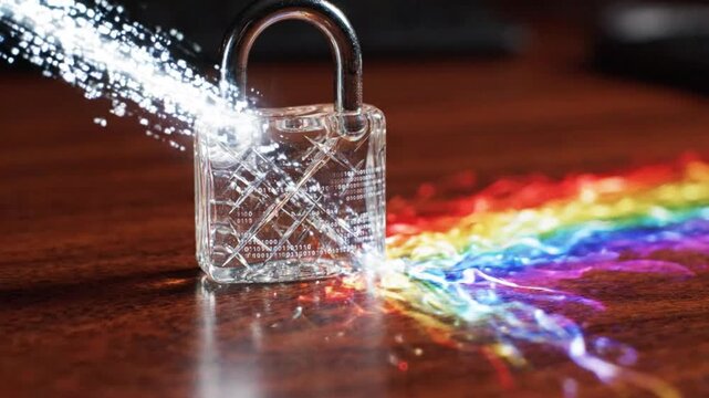 Glass padlock rainbow light encryption data security spectrum prism refraction abstract cyber protection, digital privacy lock symbol with glowing particle beam sparkle on wooden desk surface
