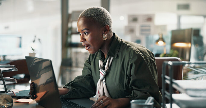 Surprise, laptop and black woman in office, creative project and email for magazine subscription. African person, employee and journalist in workplace, facial expression and shocked for online review