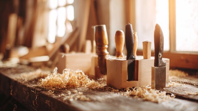 shavings. Rustic woodworking tools arranged on wooden surface with natural textures and warm workshop lighting. safety posters.
