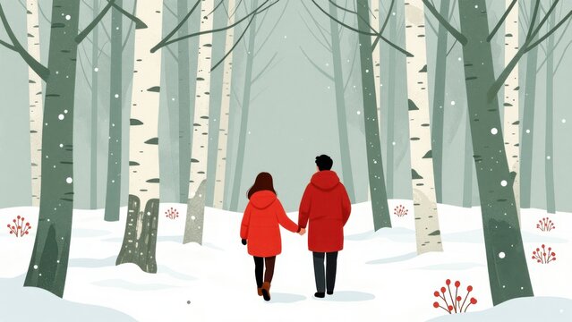 Couple Walking Through Snowy Birch Forest Holding Hands