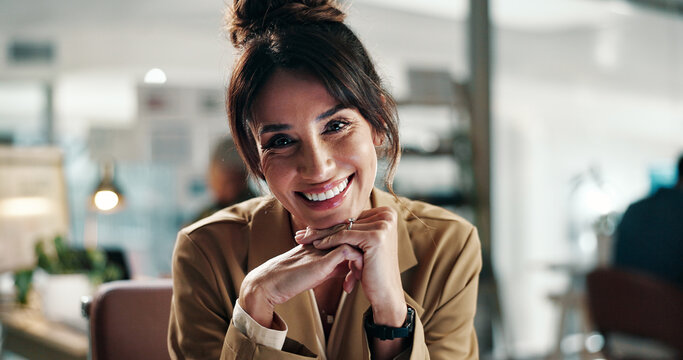 Marketing, portrait or mature woman in office with smile, pride or job goals in advertisement agency. Happy, career or branding director with confidence, work or experience as media planner.
