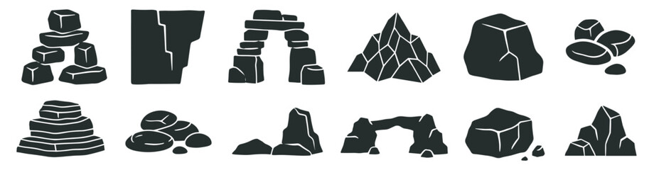 rock and stone icons set with boulders, cliffs and natural formations, minimal vector silhouettes isolated on transparent background © Ярослав Дацко