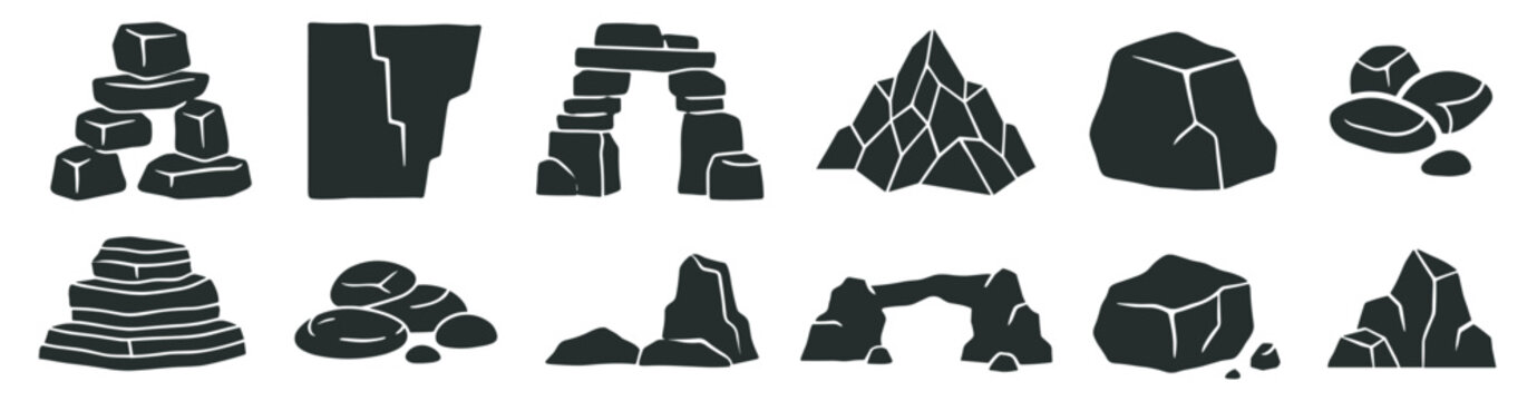 rock and stone icons set with boulders, cliffs and natural formations, minimal vector silhouettes isolated on transparent background